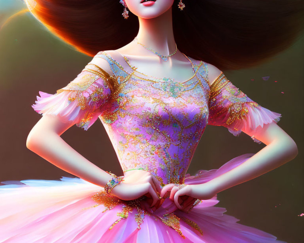 Digital artwork: Woman in pastel ball gown with gold details on cosmic backdrop