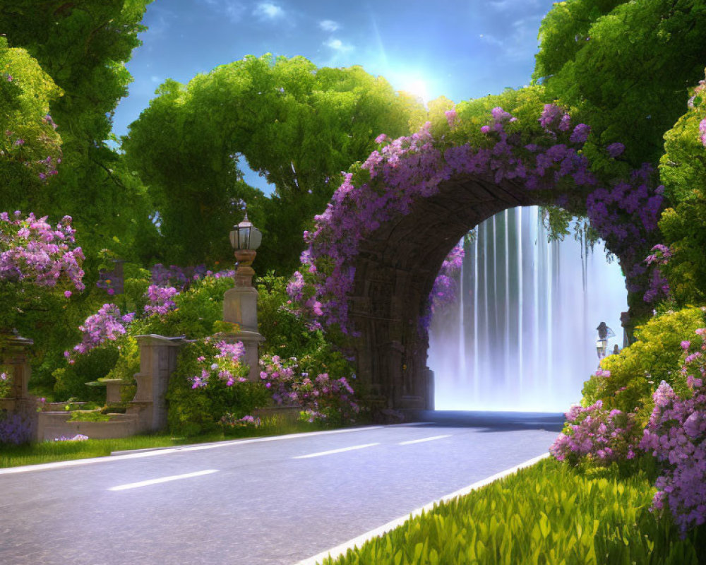 Tranquil garden pathway with vibrant purple flowers under illuminated archway