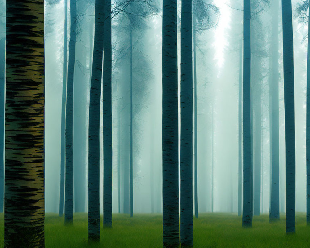 Misty forest scene with tall trees and green grass under soft sunlight