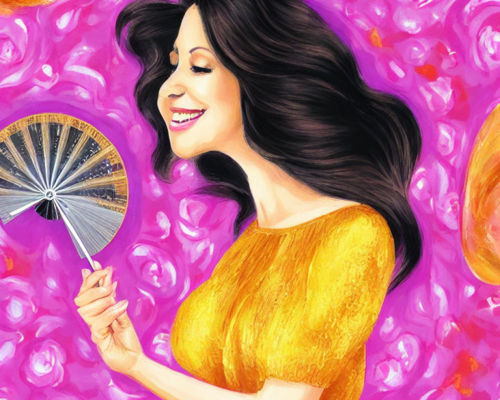 Smiling woman in yellow dress with fan on vibrant pink floral background