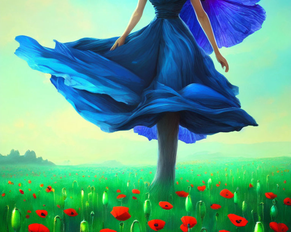 Surreal image of woman in blue dress merging with giant violet flower amid red poppies