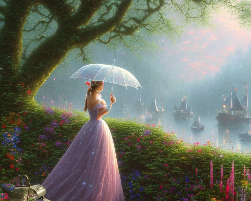 Woman in Lavender Dress with Transparent Umbrella by Misty River