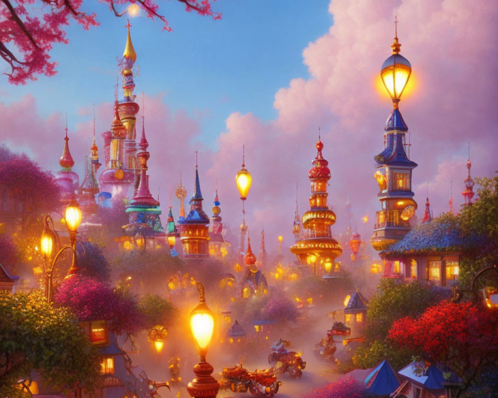 Vibrant fantasy cityscape at dusk with lanterns, whimsical architecture, and pink sky