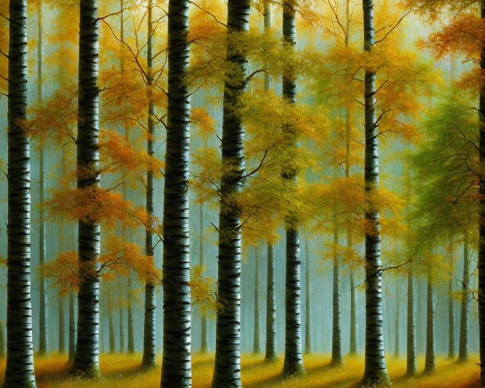 Autumn forest scene with tall trees and golden leaves under soft light