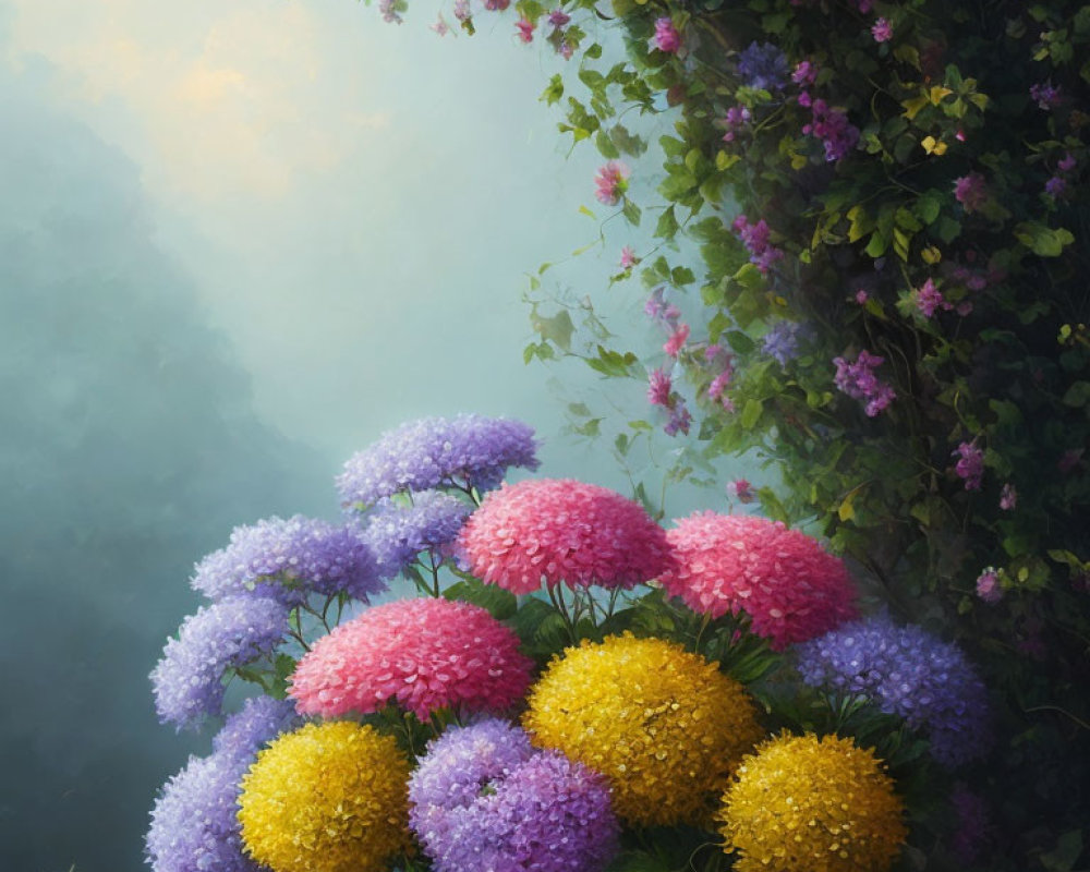 Colorful Hydrangea Bouquet with Roses in Misty Background