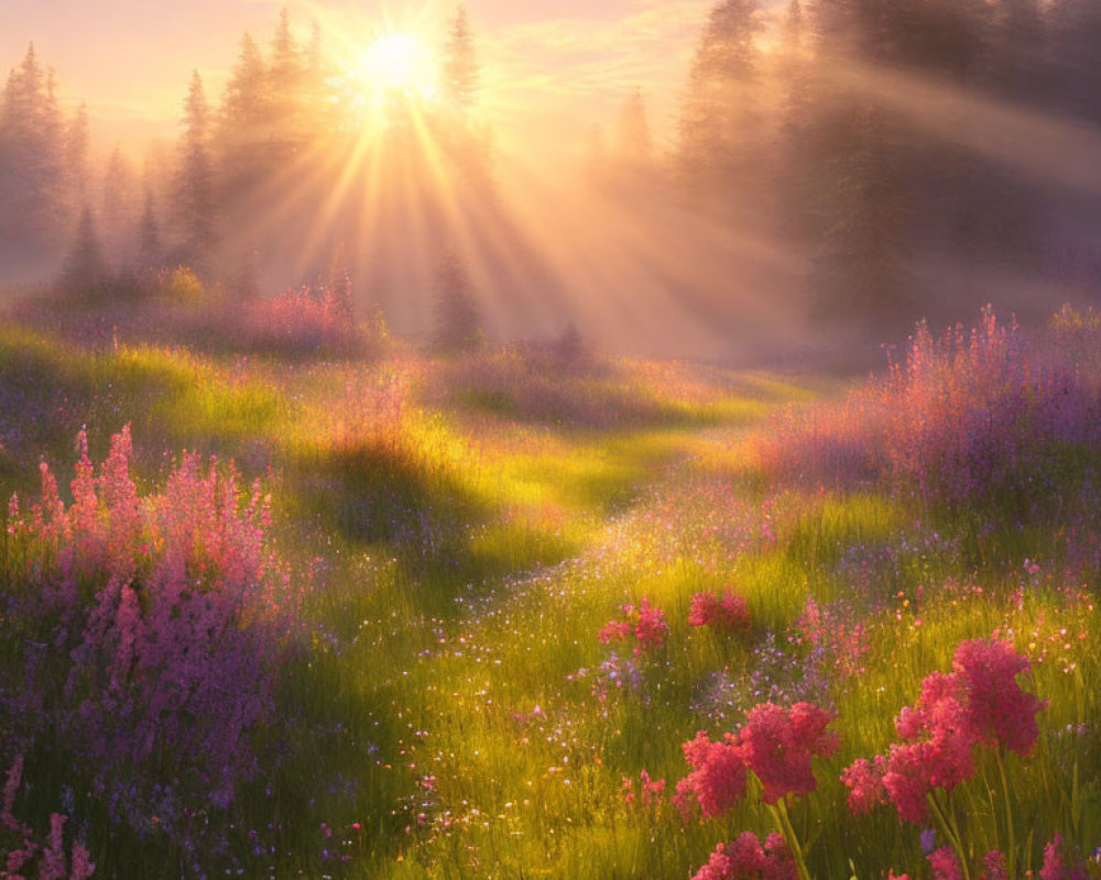Misty forest sunrise over vibrant meadow with wildflowers
