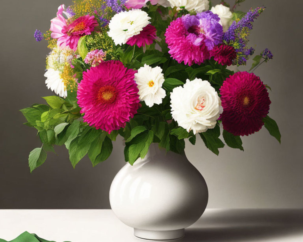 Colorful Mixed Flower Bouquet in White Vase on Table with Green Cloth