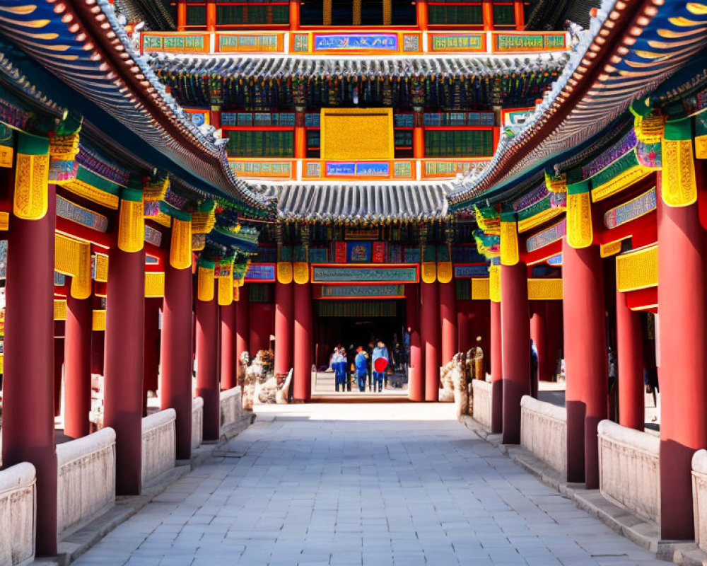 Traditional Chinese architectural style corridor with red columns and intricate roof details.