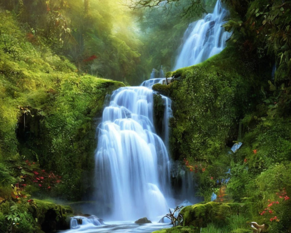 Tranquil waterfall in lush forest with vibrant flowers