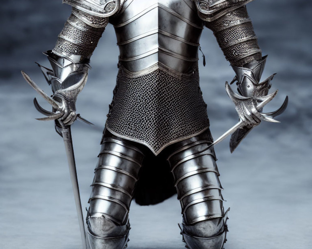 Detailed Medieval Plate Armor and Halberd on Grey Background