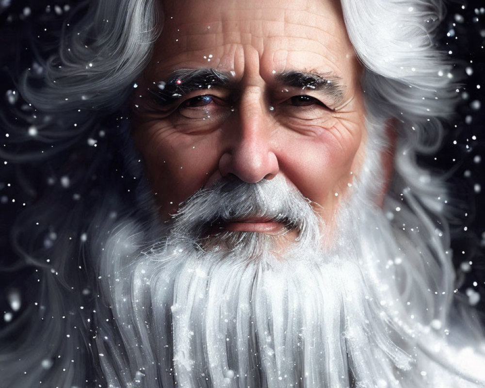 Elderly Man with Long White Beard and Snowflakes on Dark Background