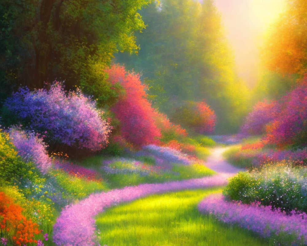 Lush Garden Path with Colorful Blooms in Purple, Pink, and Red