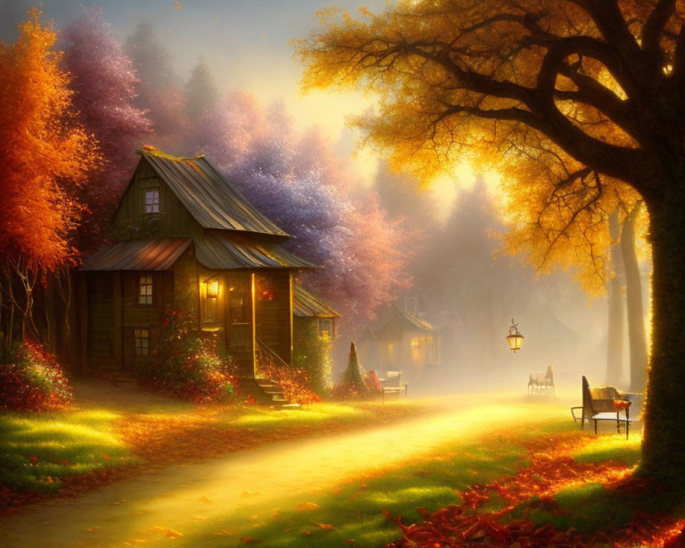 Cozy cottage in autumn forest with glowing windows