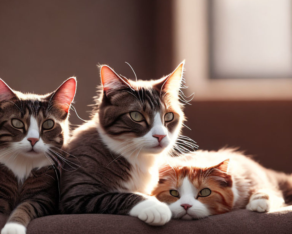 Three Striped Domestic Cats Sunbathing on Couch