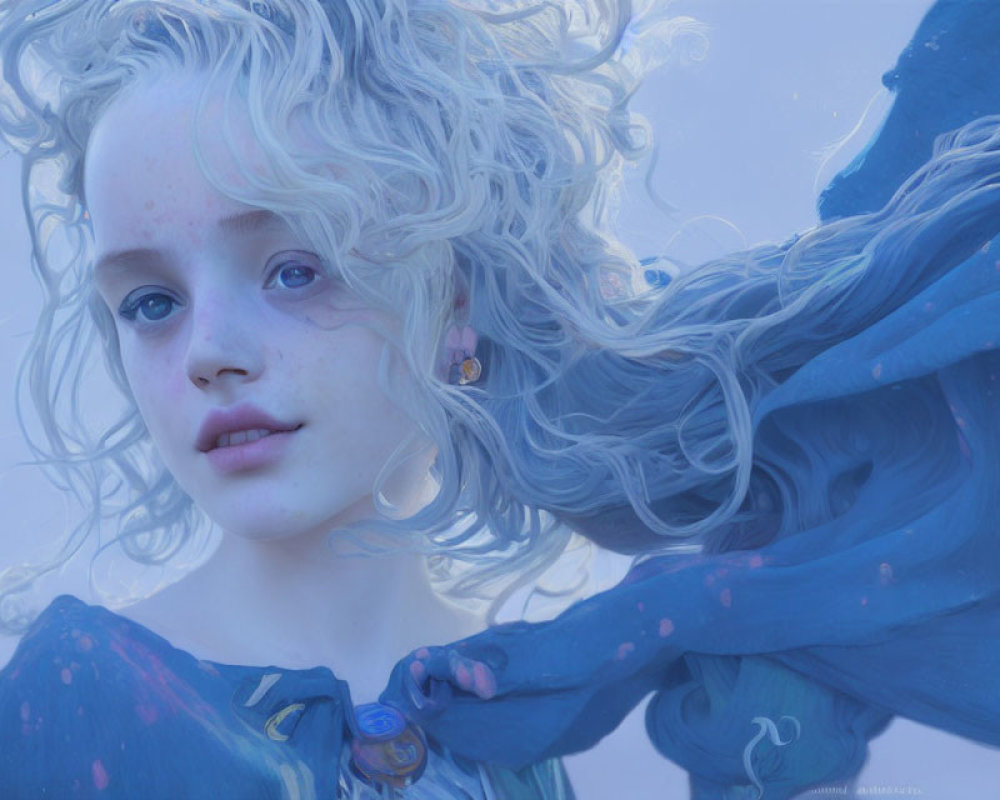 Digital artwork featuring girl with curly blonde hair and blue skin
