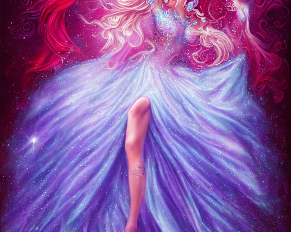 Colorful illustration of woman with red hair in celestial setting