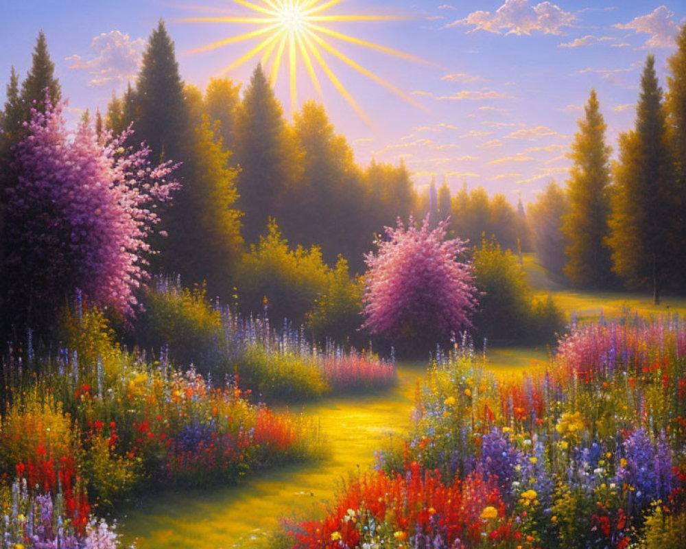 Colorful Sunlit Meadow Painting with Blooming Flowers and Lush Trees