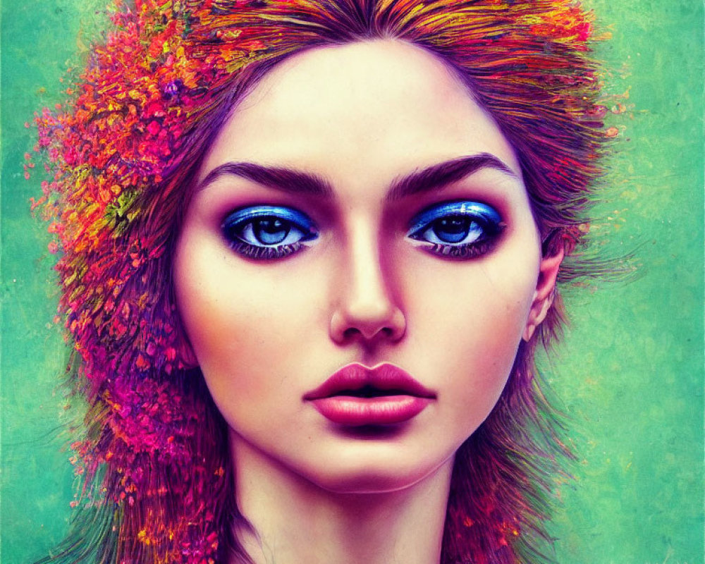Colorful digital portrait of a woman with blue eyes and floral hair on turquoise backdrop