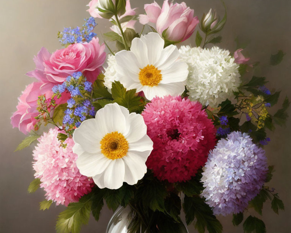 Colorful Flower Arrangement with Roses, Peonies, Daisies, and Hydrange