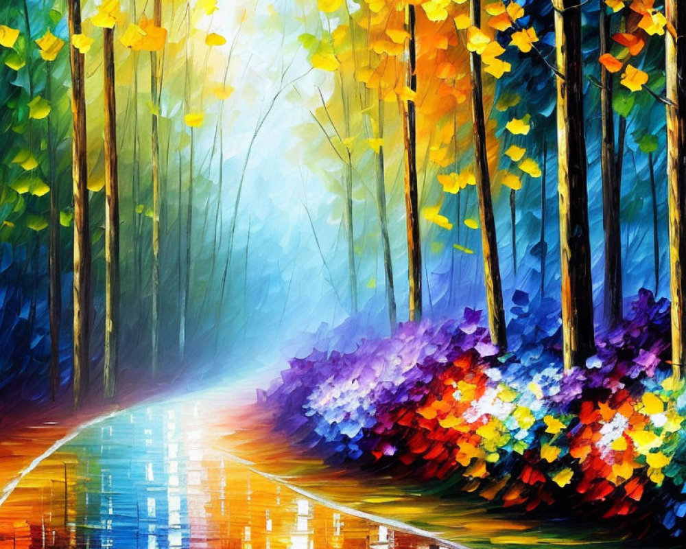 Impressionistic forest path painting with vibrant colors