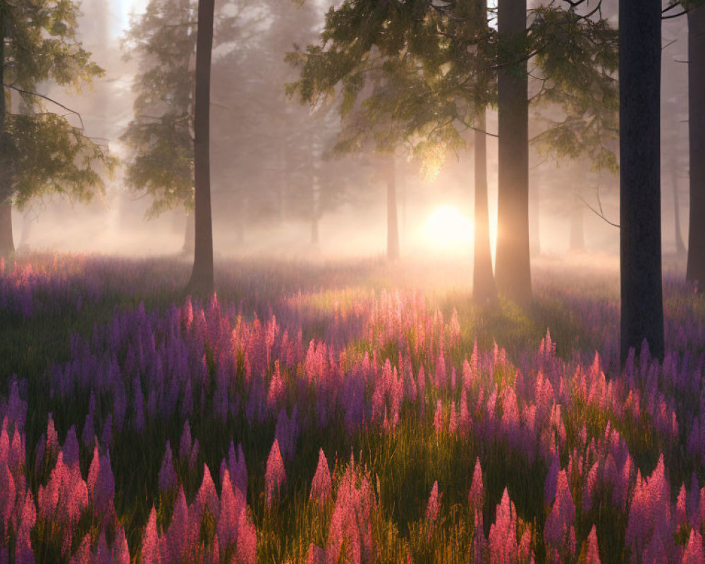 Sunrise forest scene with sunlight, purple flowers, and mist.