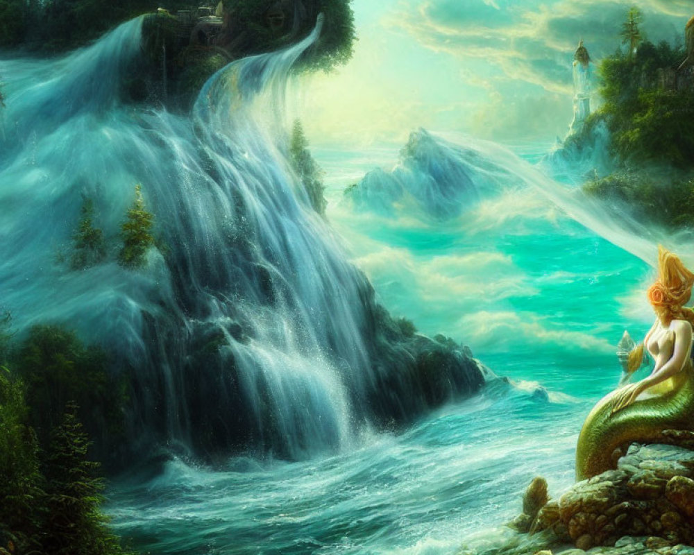 Fantasy landscape with mermaid, waterfall, dramatic sky, greenery, and castles