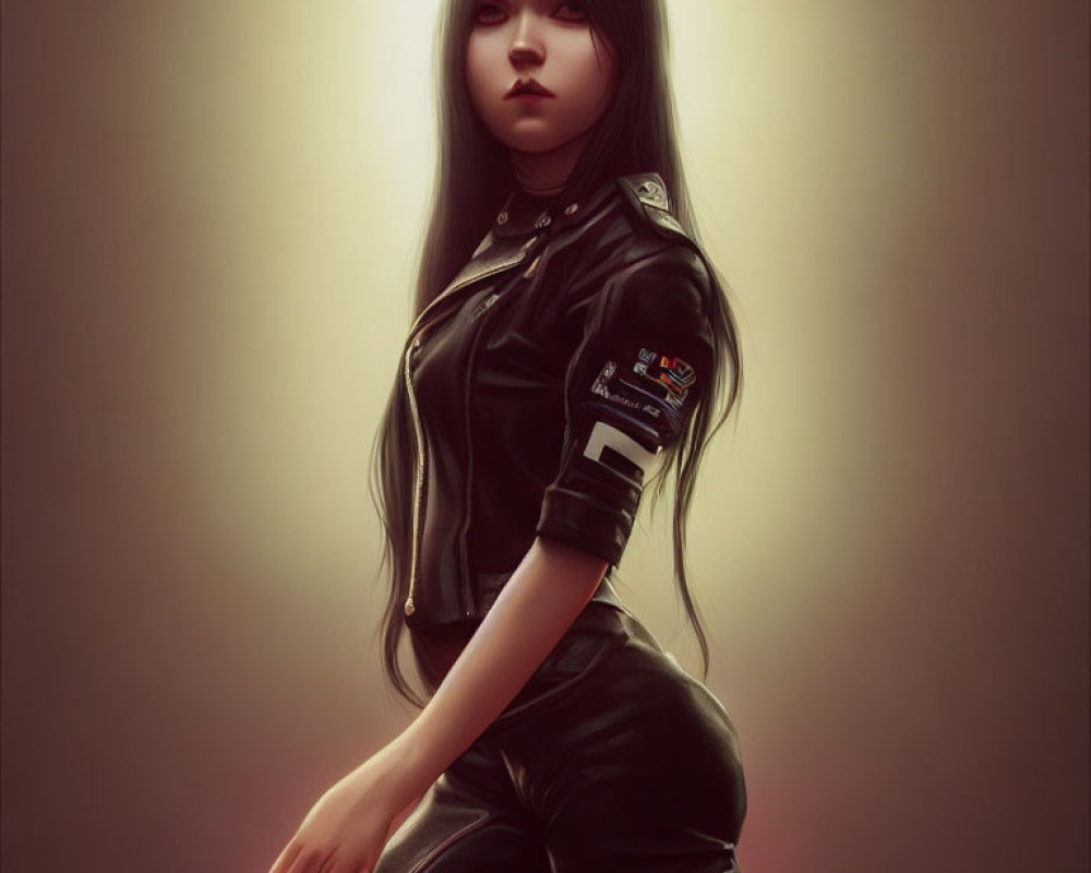 Digital artwork: Woman with long black hair in leather outfit, gazing at viewer