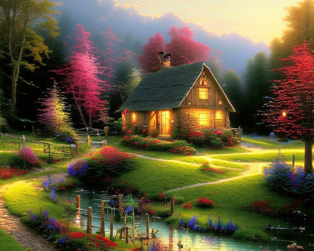 Charming cottage surrounded by flowers and trees near a tranquil stream