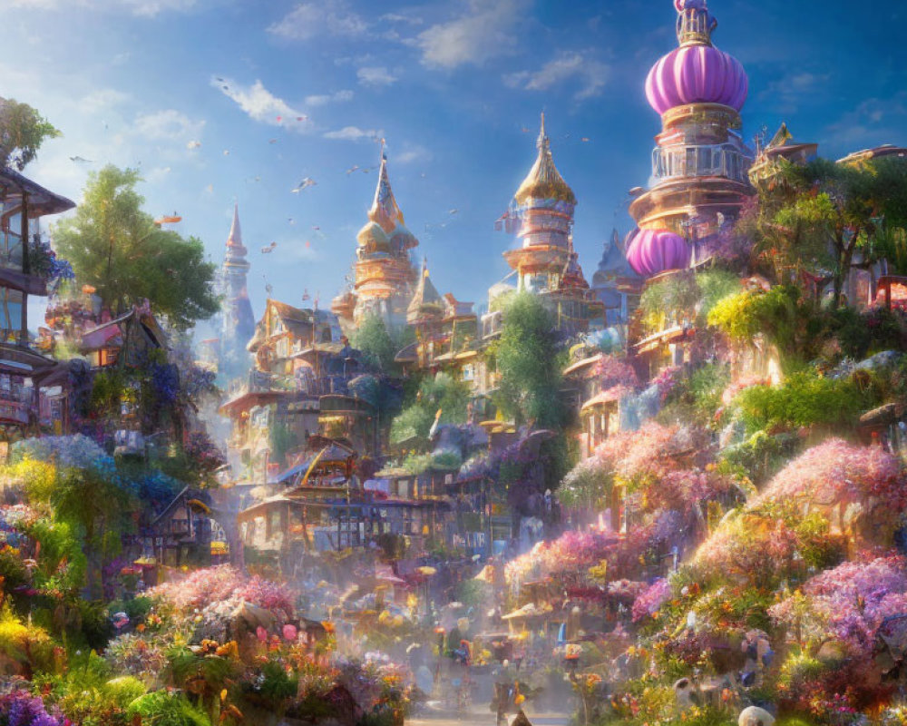 Vibrant Multicolored Sunlit Cityscape with Domes and Spires