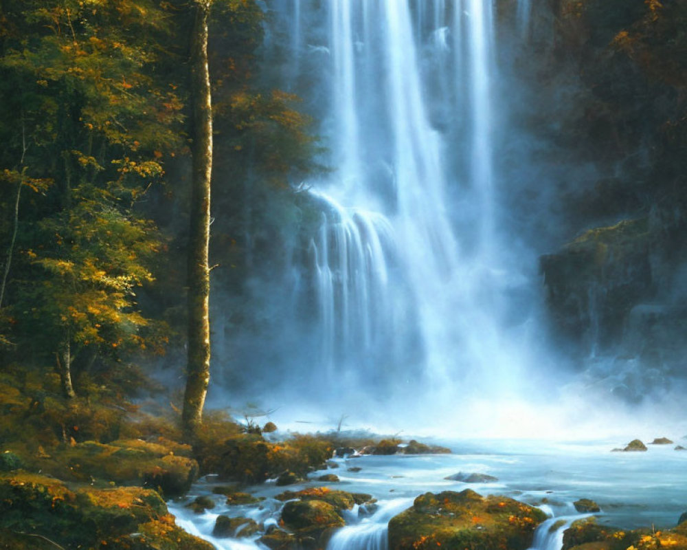 Tranquil waterfall in autumn setting with mist and blue pools