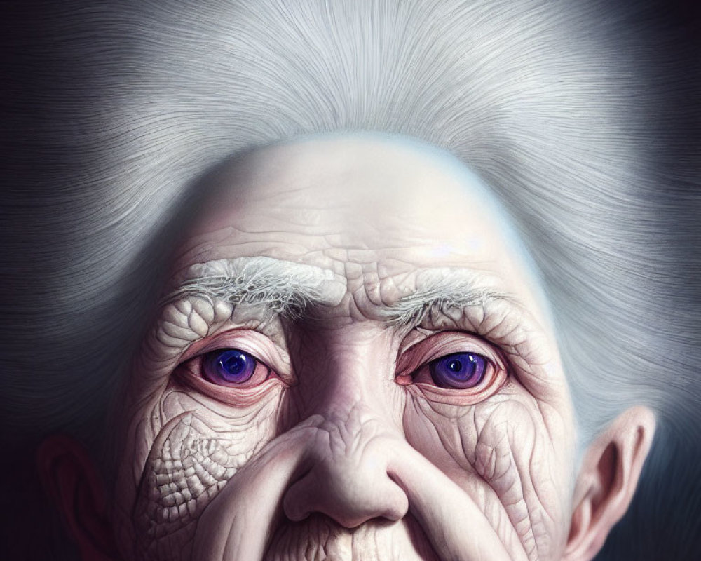 Detailed illustration of elderly person with wrinkles, blue eyes, and white hair.