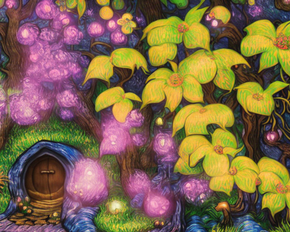 Enchanting forest illustration with glowing orbs and tree door