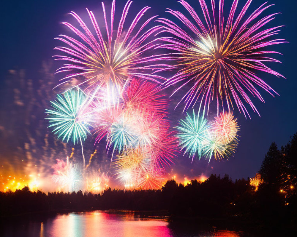 Colorful fireworks display over serene lake at night