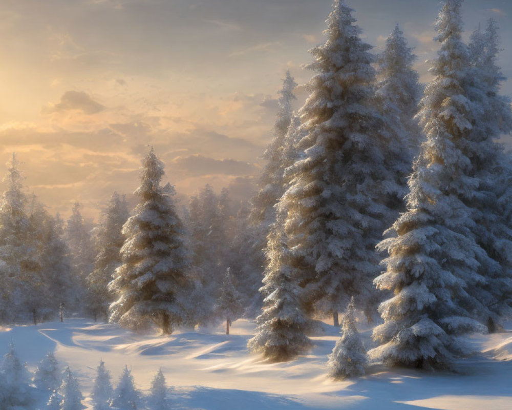 Snowy landscape with frost-covered trees at sunrise or sunset.