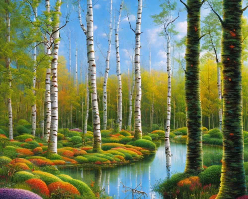 Colorful Birch Tree Forest with Multicolored Bushes by Calm Blue Stream
