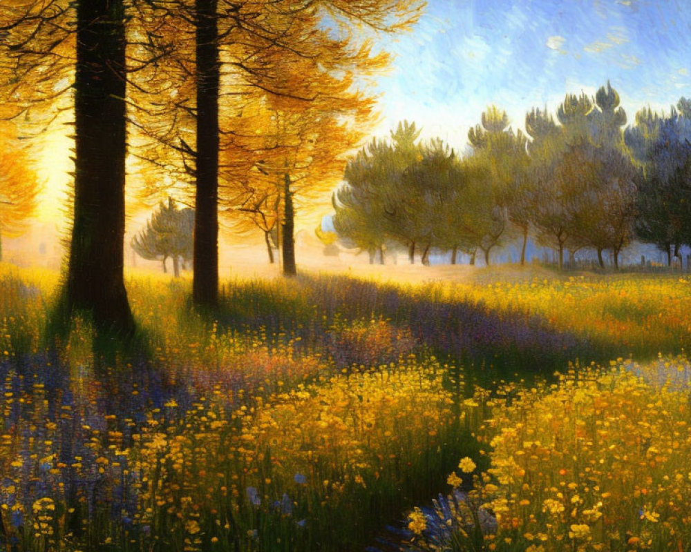 Vibrant Impressionist Sunrise Painting with Trees and Wildflowers