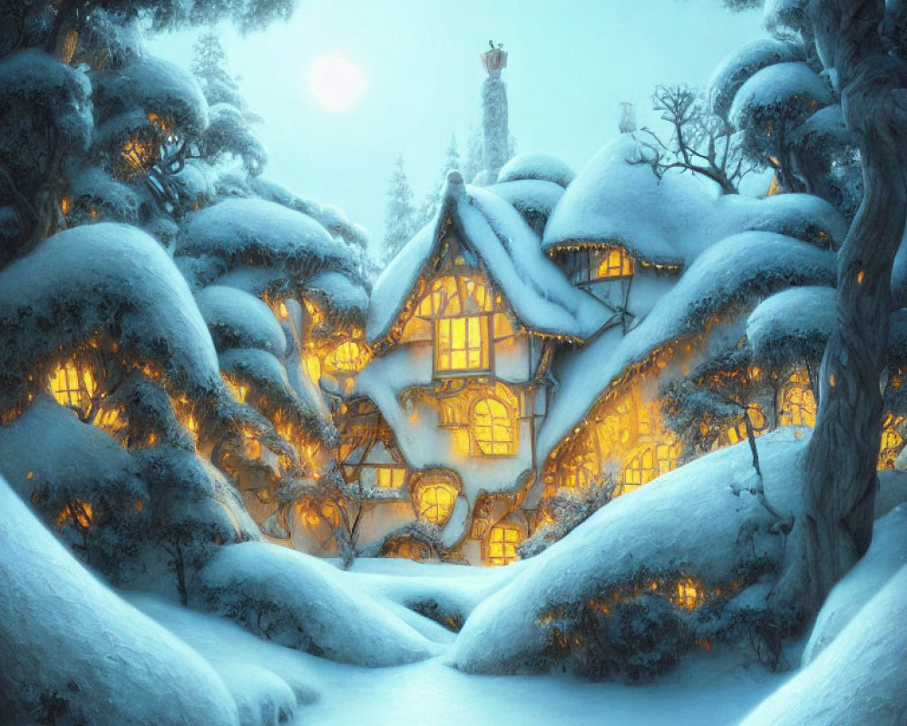 Snow-covered cottage surrounded by pine trees in winter twilight