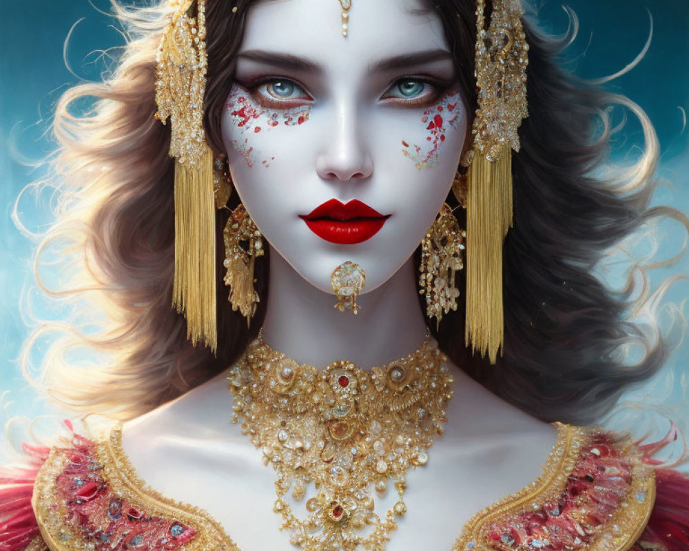 Woman with Gold Jewelry, Blue Eyes, Red Lips, and Face Markings on Blue Background