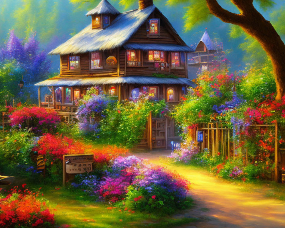 Vibrant painting of wooden house in lush garden under warm sunlight