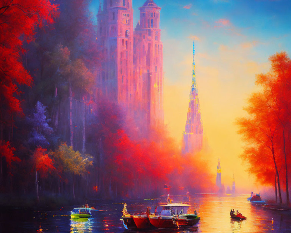 River Boats Painting with Lit Cathedral and Autumn Trees in Moonlight
