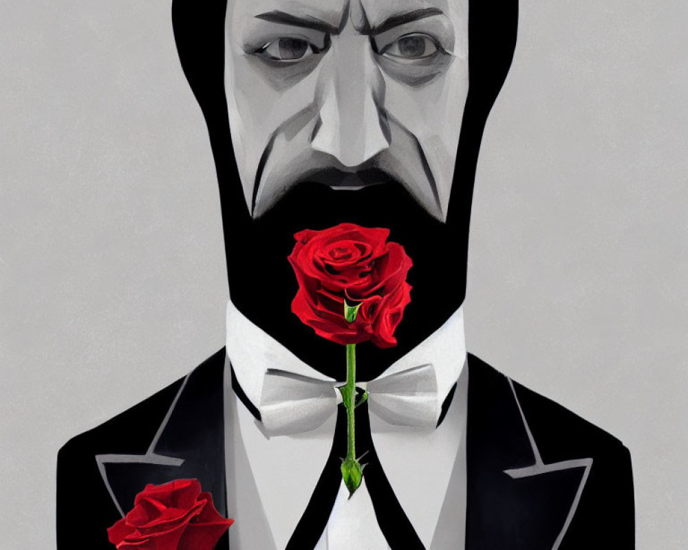 Man in tuxedo holding red rose with rose in mouth illustration