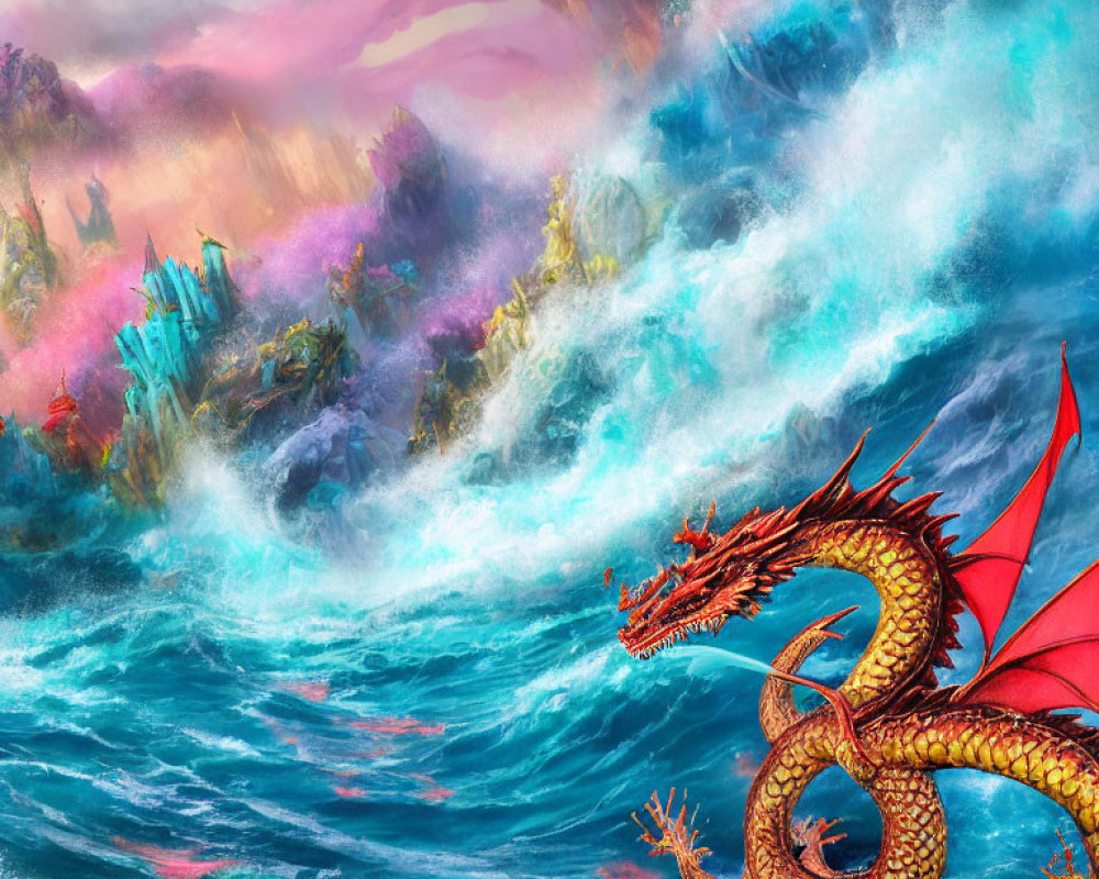 Majestic red dragon flying over vibrant seas and misty cliffs