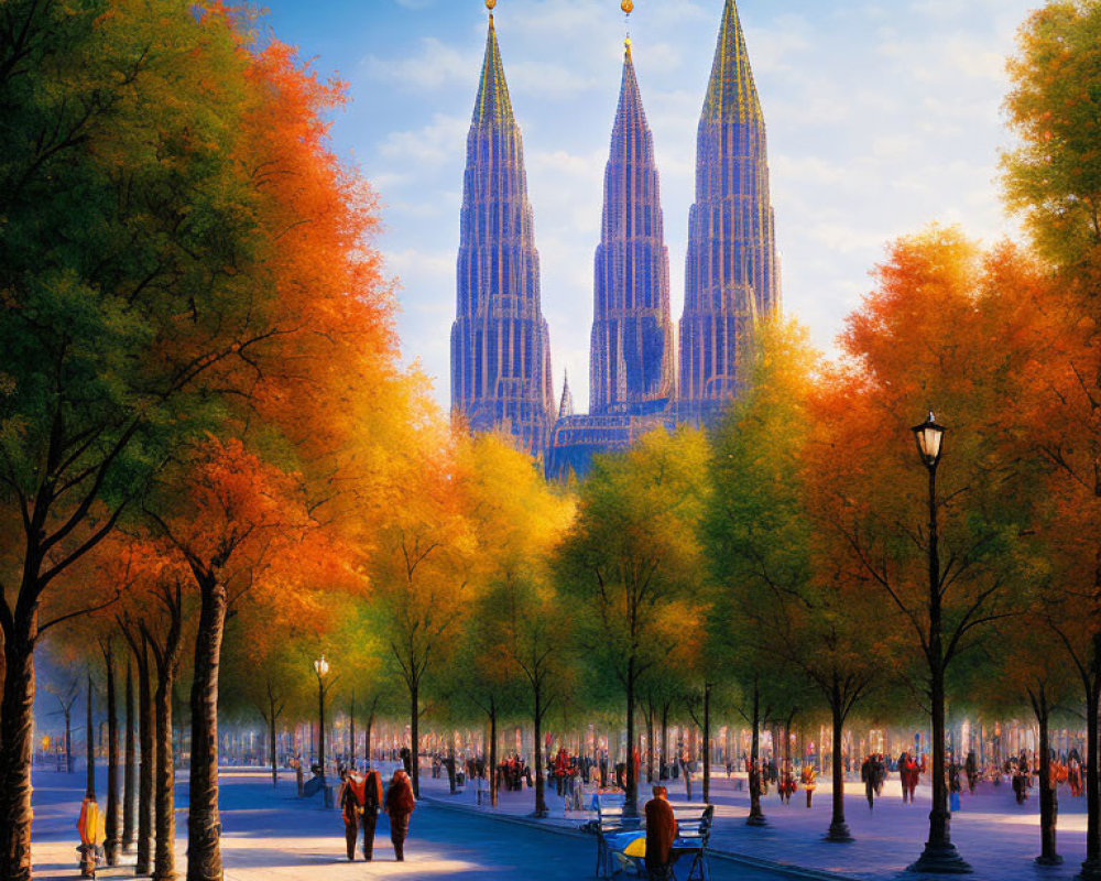 Majestic cathedral overlooking tree-lined promenade on a sunny autumn day