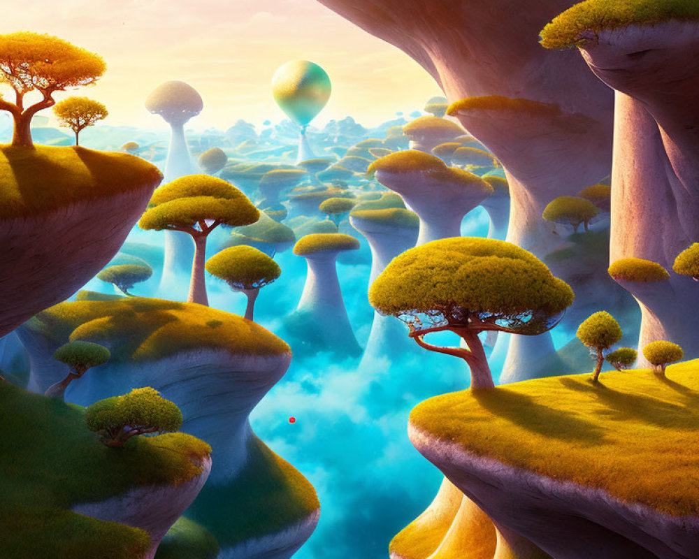 Majestic mushroom-shaped rock formations in lush landscape