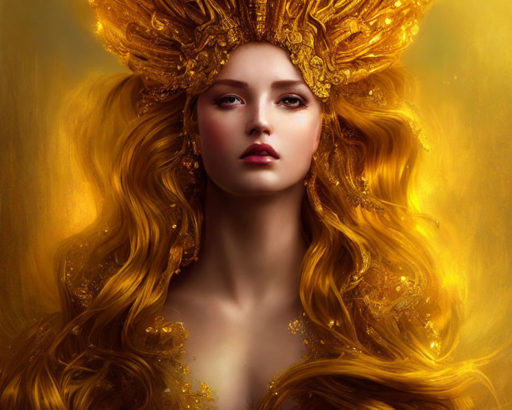 Golden-haired woman with intricate gold headdress and ethereal aura.