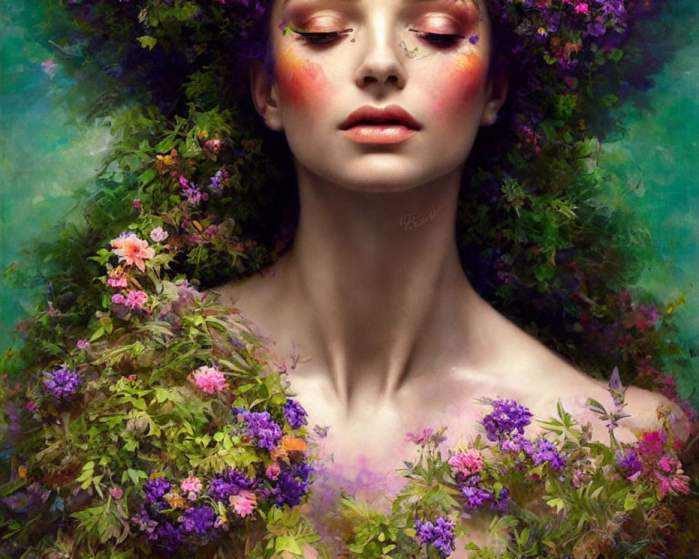 Portrait of person with vibrant floral adornments and colorful makeup