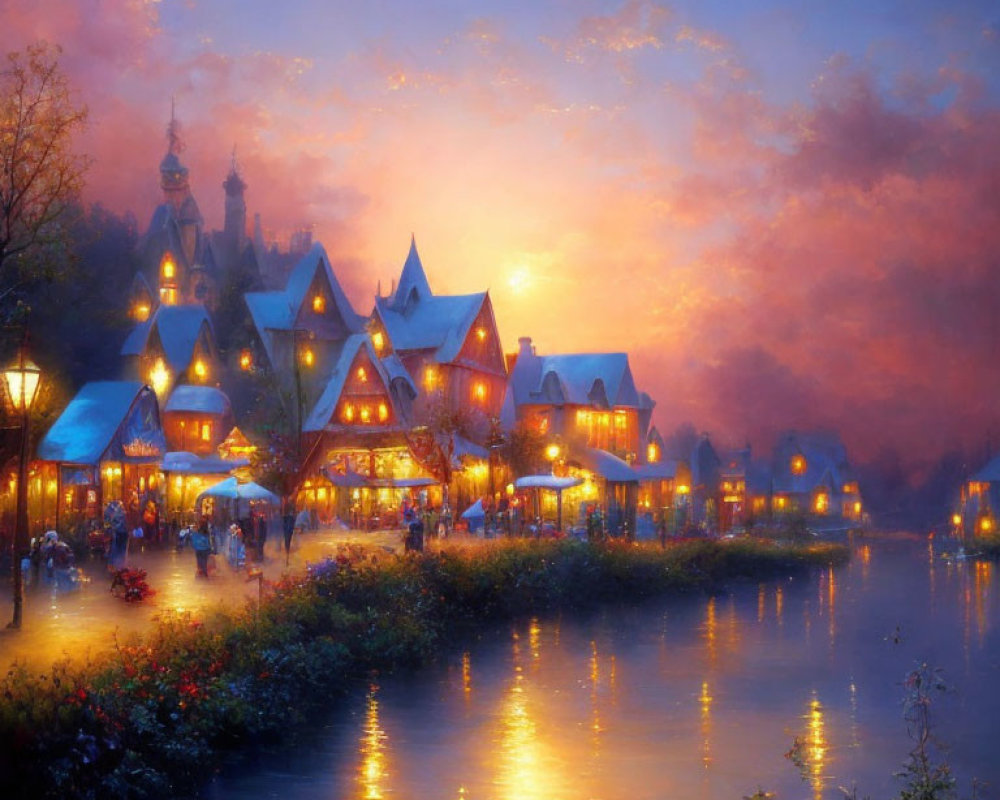 Tranquil river village at dusk with warmly lit houses