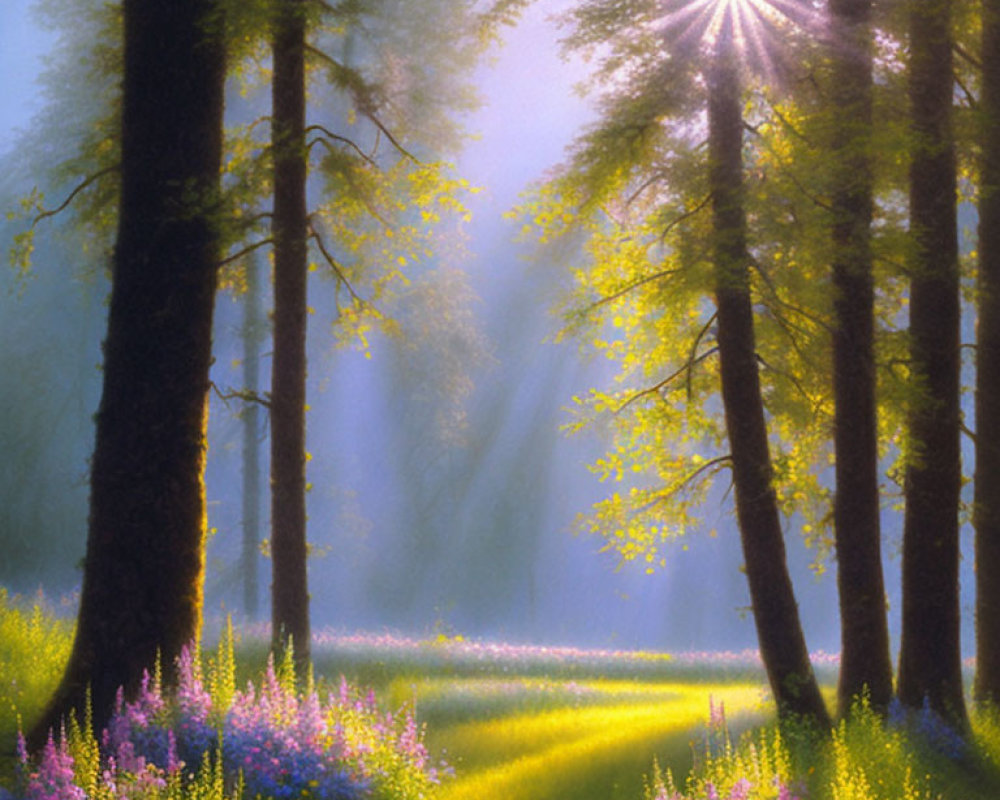 Misty Woods with Sunlight Illuminating Flower-Strewn Glade