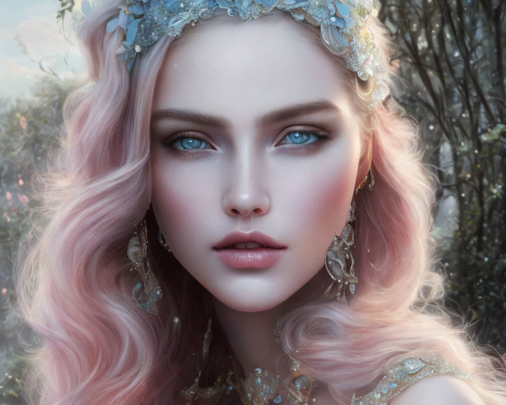 Portrait of young woman with pastel pink hair and intricate jeweled headpiece