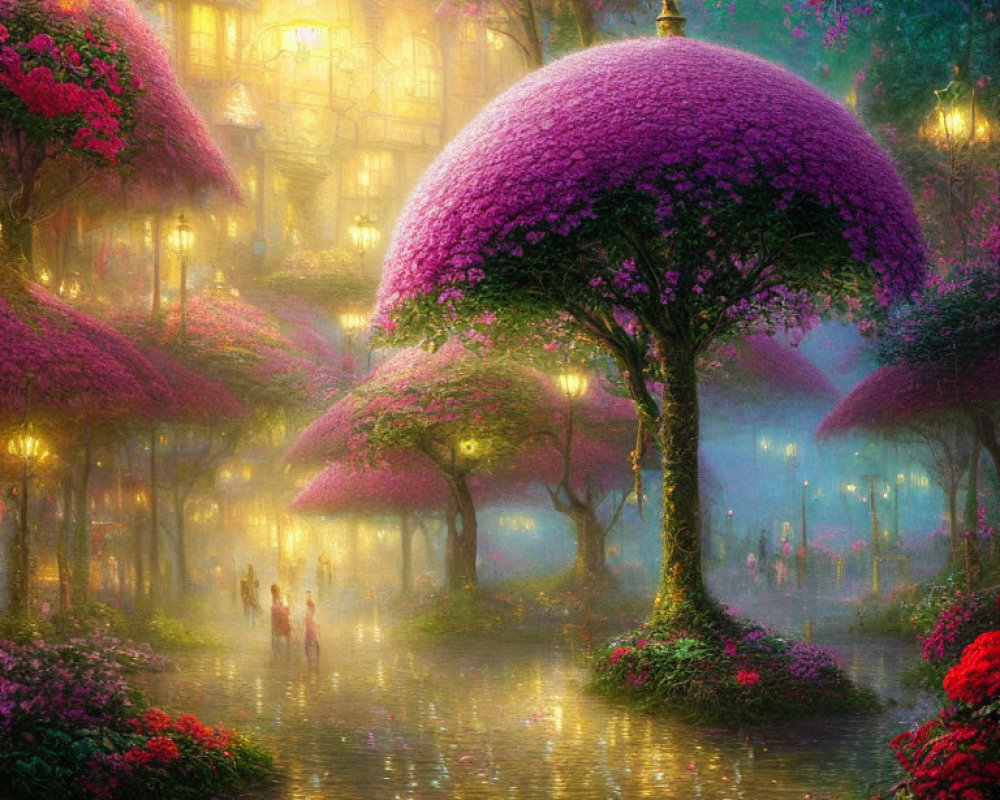 Vibrant pink trees and glowing lights in dreamlike landscape